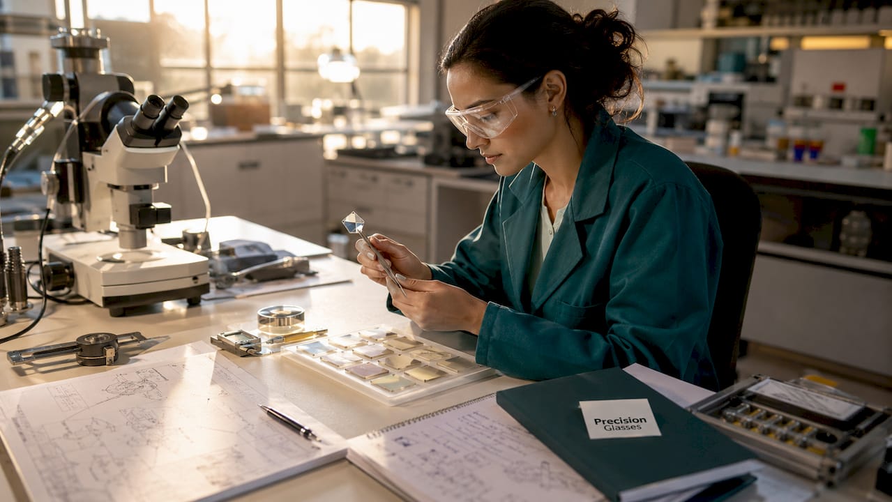 Engineer inspecting thin film coated sample