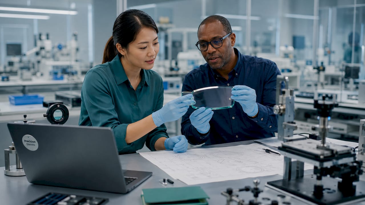 Engineers inspecting anti-reflective precision glass in lab