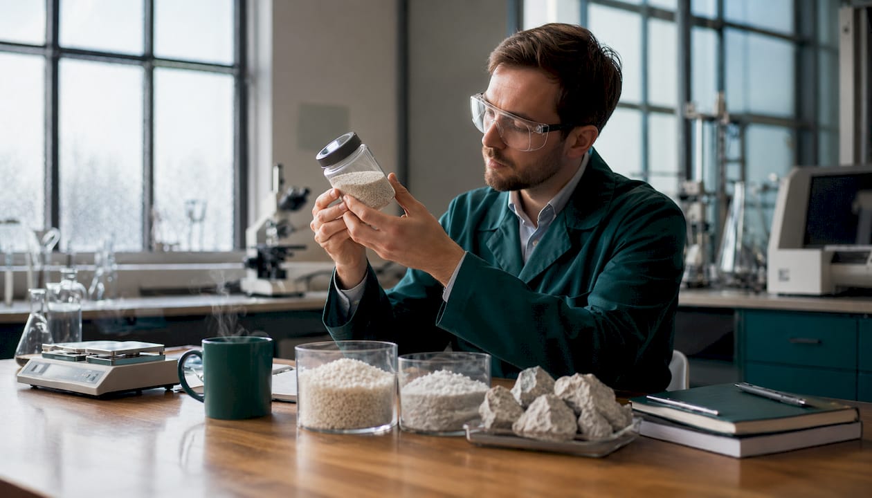 Engineer inspecting raw glass materials in laboratory