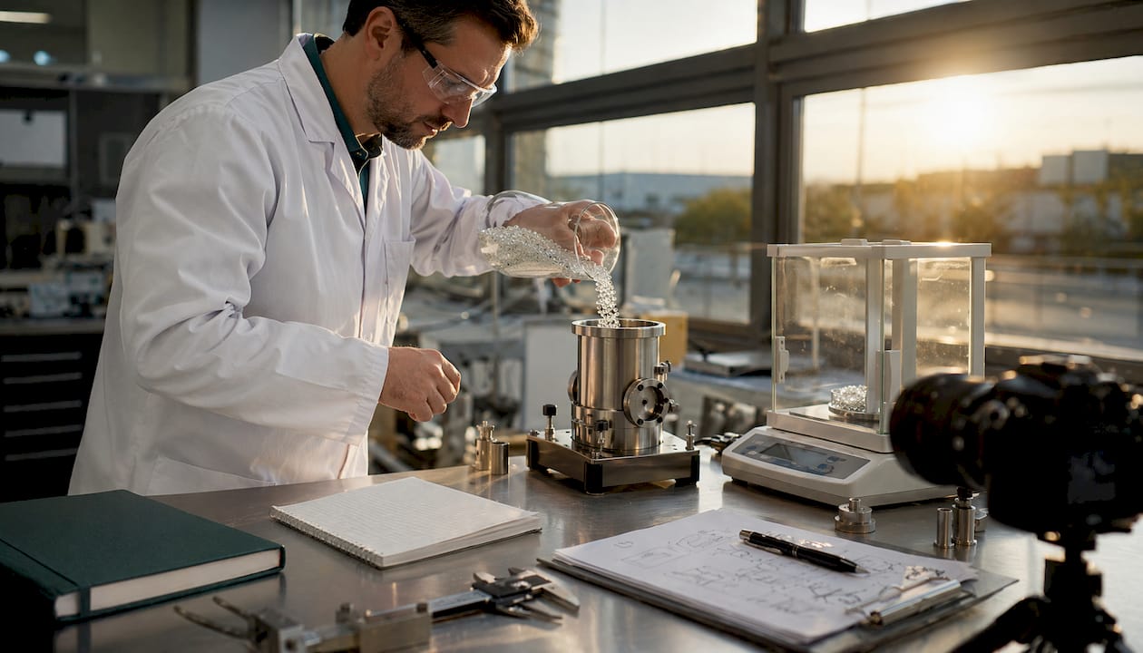 Engineer testing filter glass media in lab