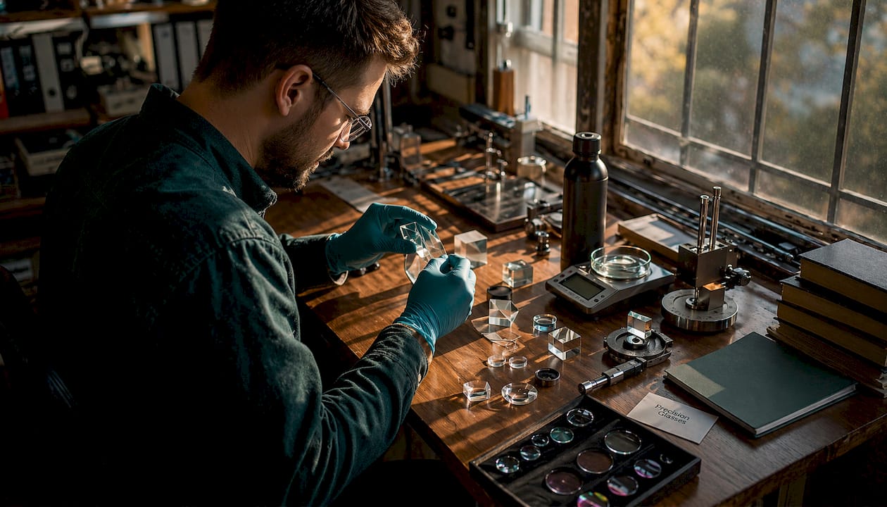 Engineer inspecting coated optical prisms on bench
