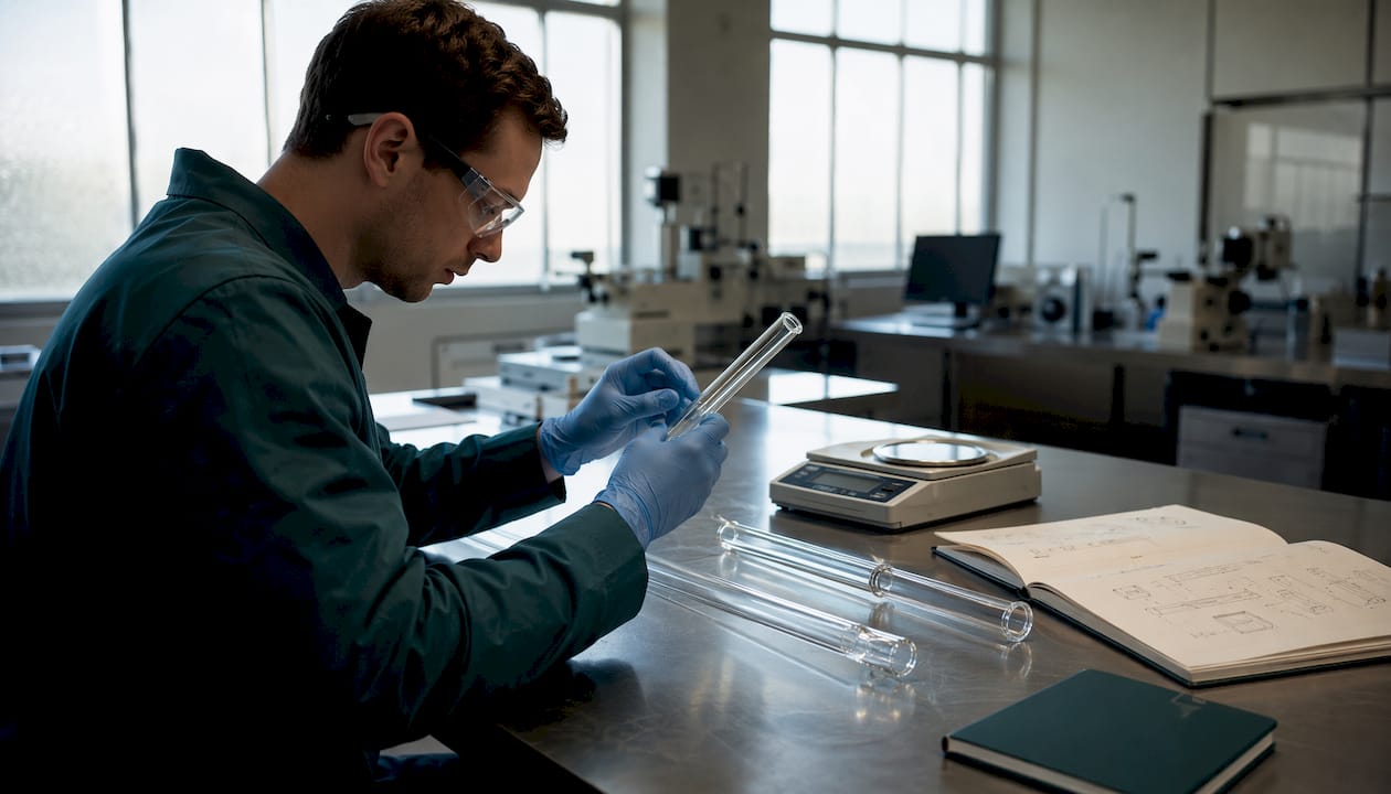 Scientist examining various glass tubes