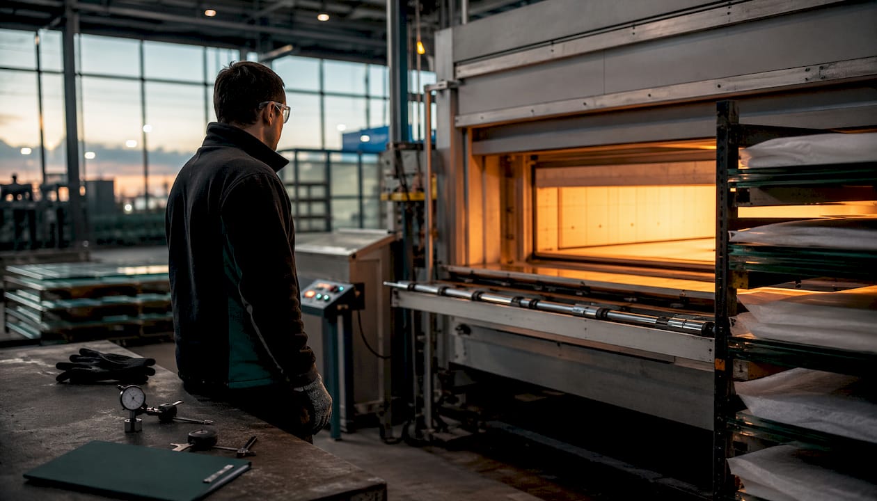 Technician inspecting annealed glass furnace in factory
