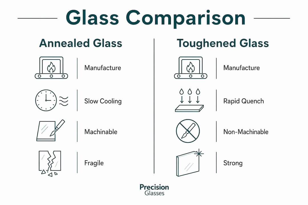 Infographic comparing annealed glass and toughened glass properties