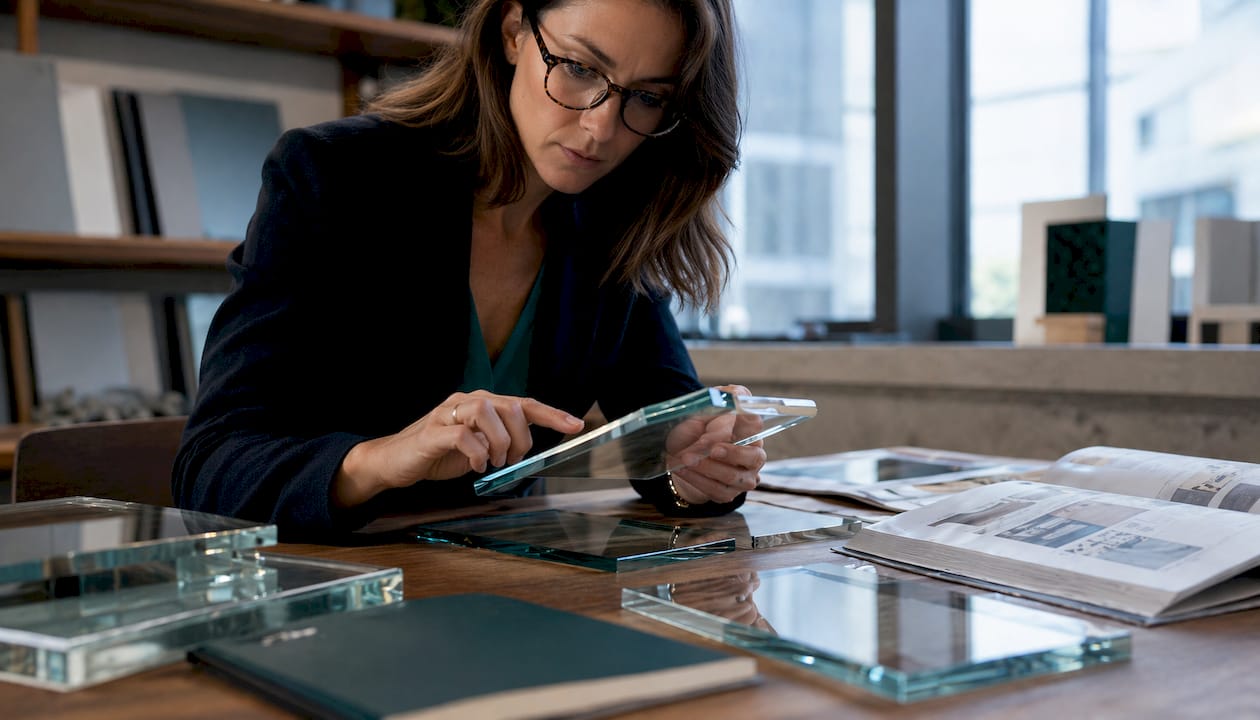 Architect inspecting low-iron glass samples at desk