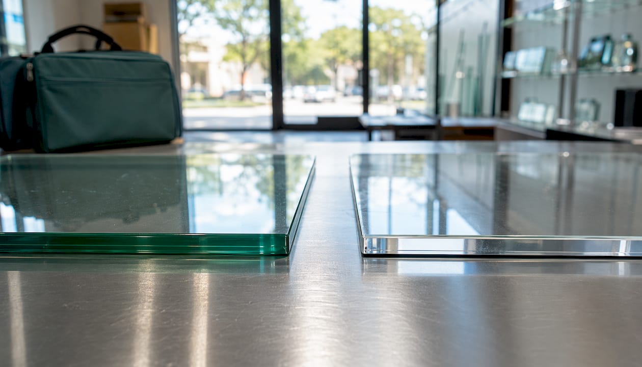 Close-up comparing glass panels with and without green tint