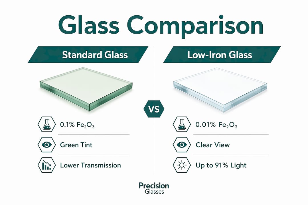 Infographic showing comparison of low-iron and standard glass properties