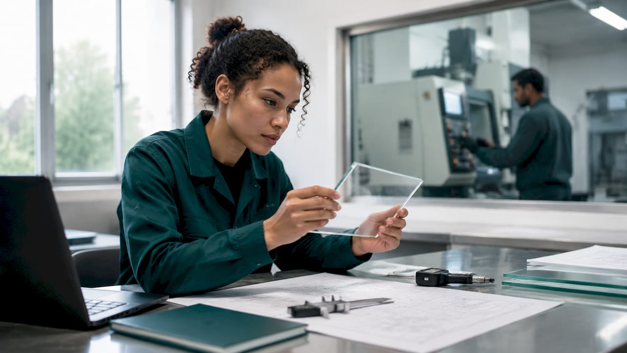 Engineer inspecting custom display cover glass in lab