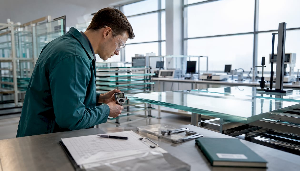 Technician inspecting Optiwhite glass sheet in lab