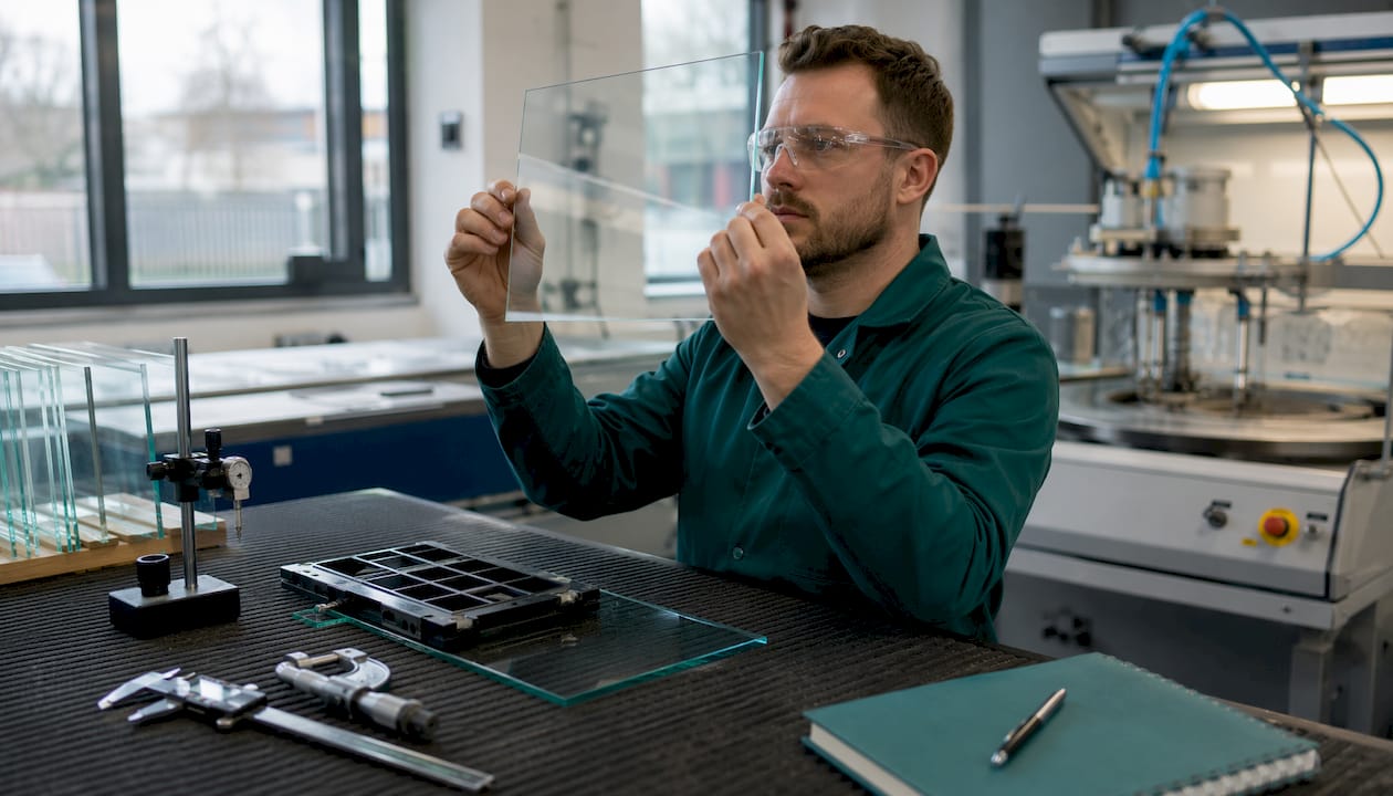 Technician inspecting precision-cut HMI glass sheet