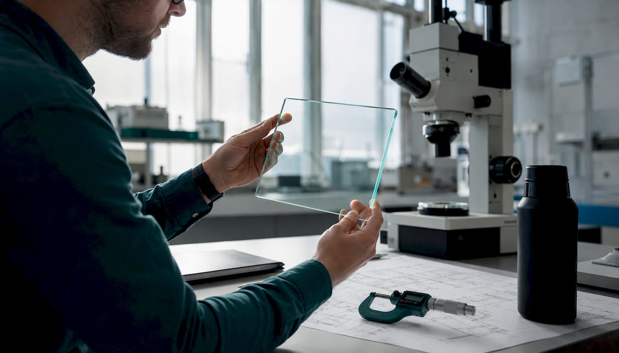 Engineer inspecting aluminosilicate glass in lab