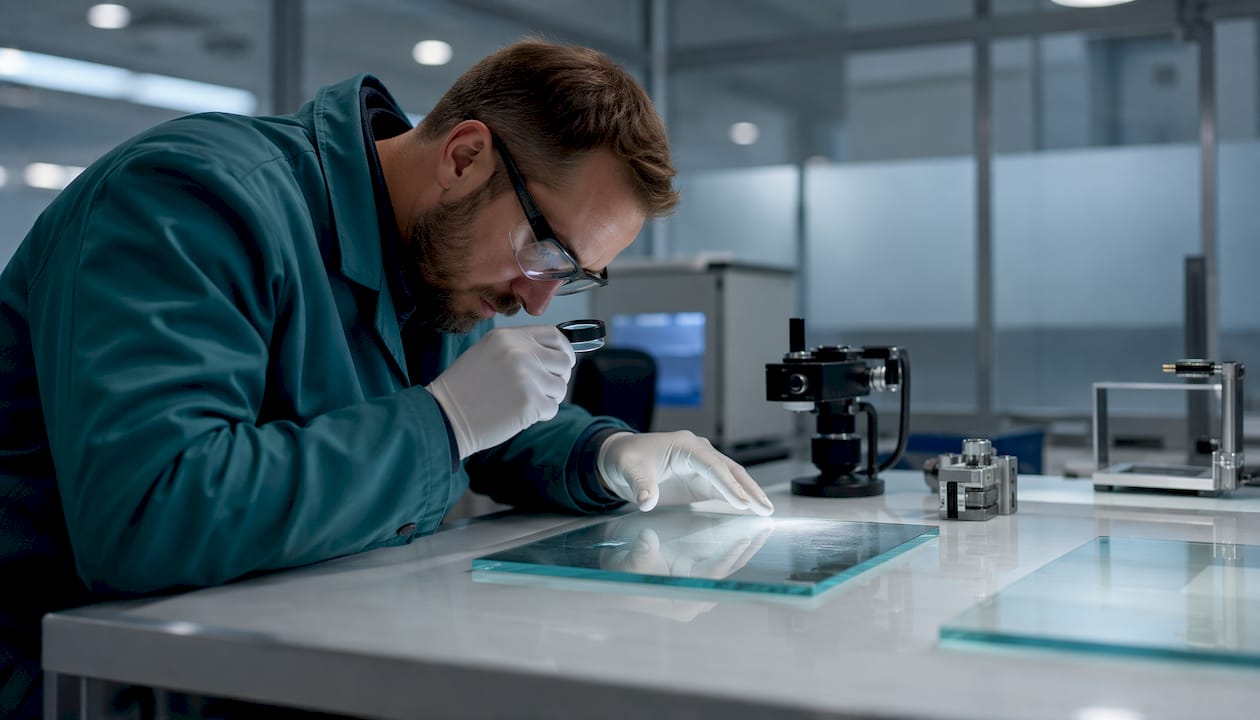 Technician inspecting anti-reflective glass coating
