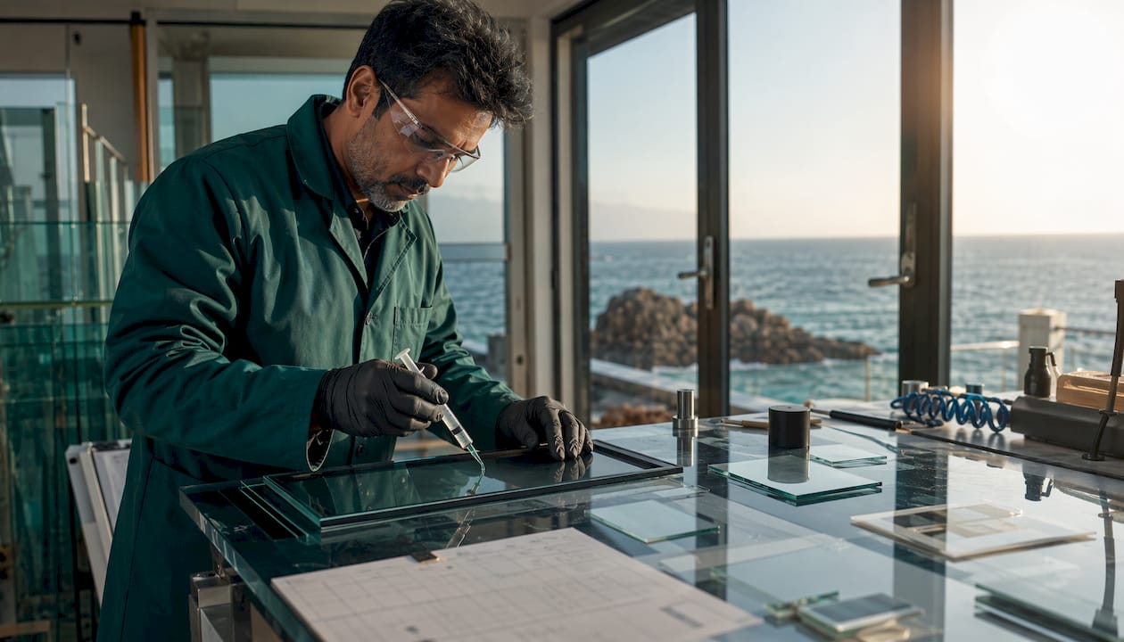 Technician applying optical bonding to marine glass panel