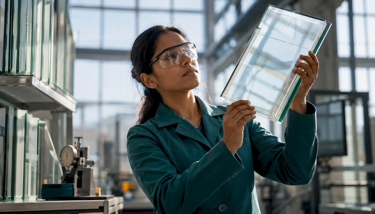 Engineer inspecting ballistic glass layers