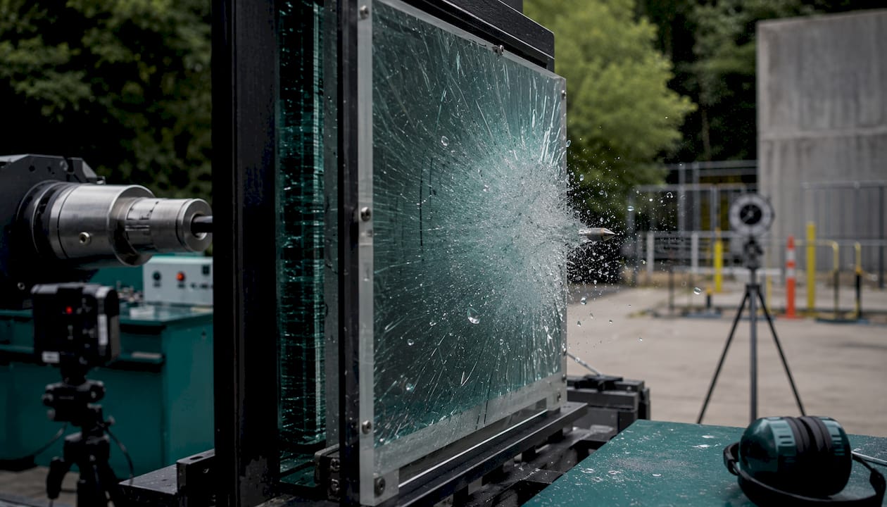 Projectile impact on ballistic glass with spall