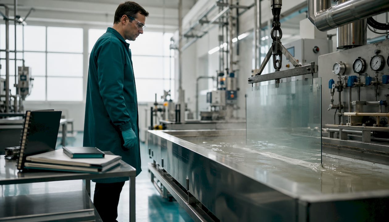 Worker monitoring glass immersion in molten salt bath
