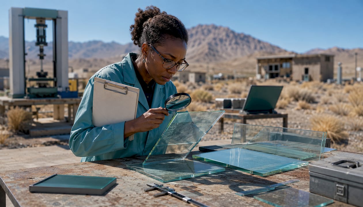 Engineer inspecting chemically strengthened glass samples in lab