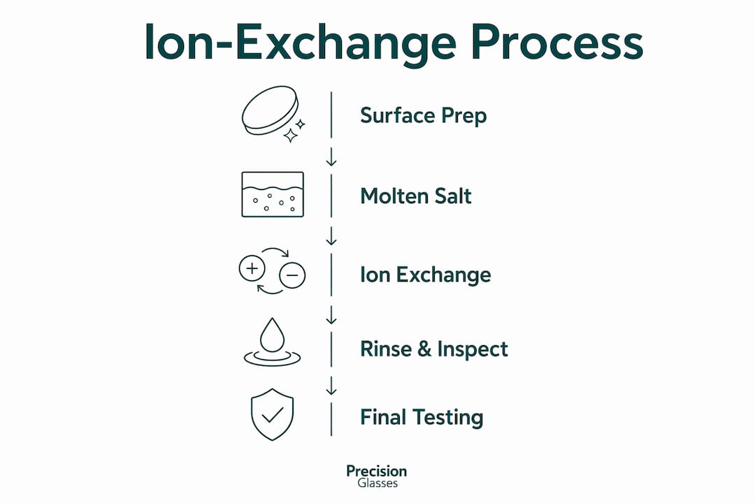 Infographic showing ion-exchange chemical strengthening steps