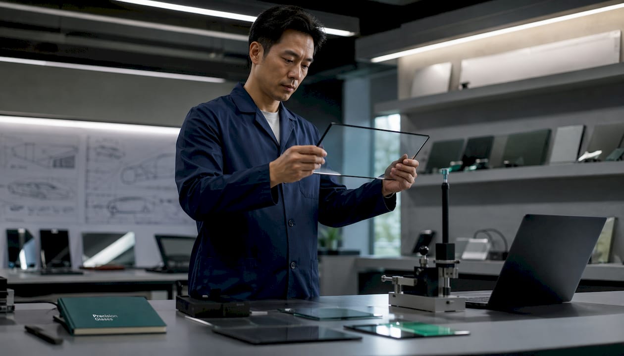 Engineer inspecting low-e automotive glass sample