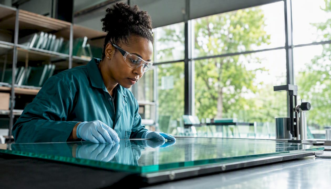 Technician inspecting chemically strengthened glass panel
