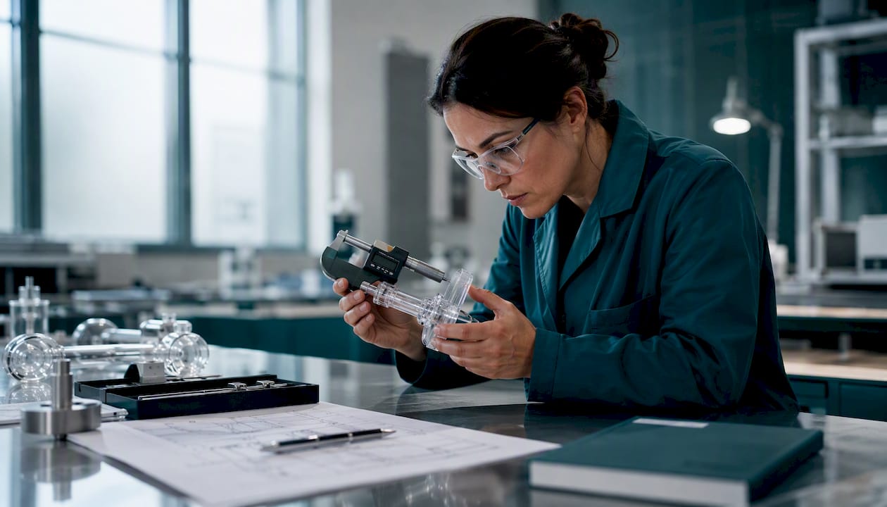 Engineer inspecting heat resistant glass component