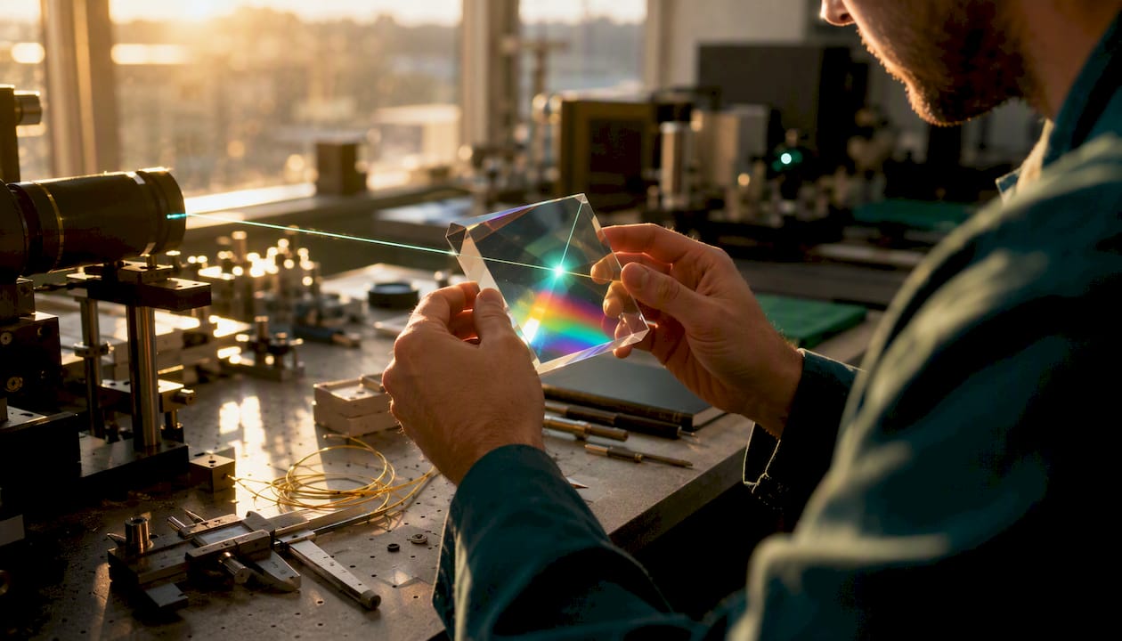 Hands holding plate beamsplitter with laser beam