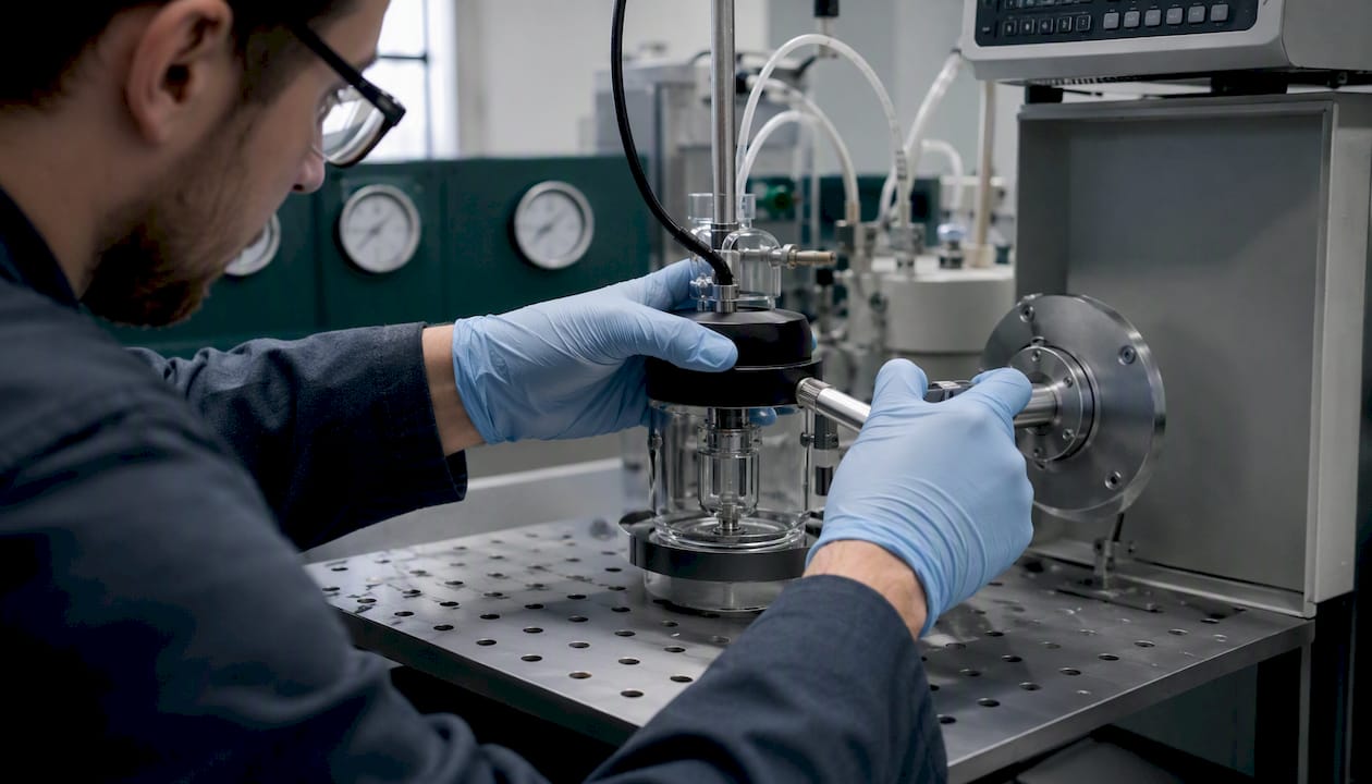 Technician testing hermetic seal with helium detector