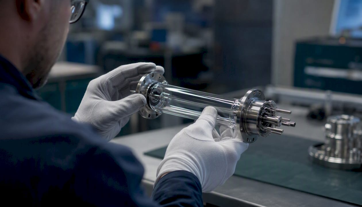 Hands inspecting precision glass seal assembly
