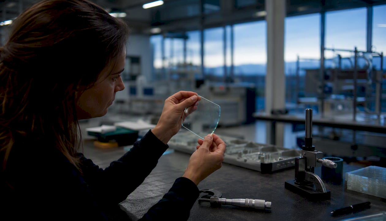 Engineer inspecting precision glass component