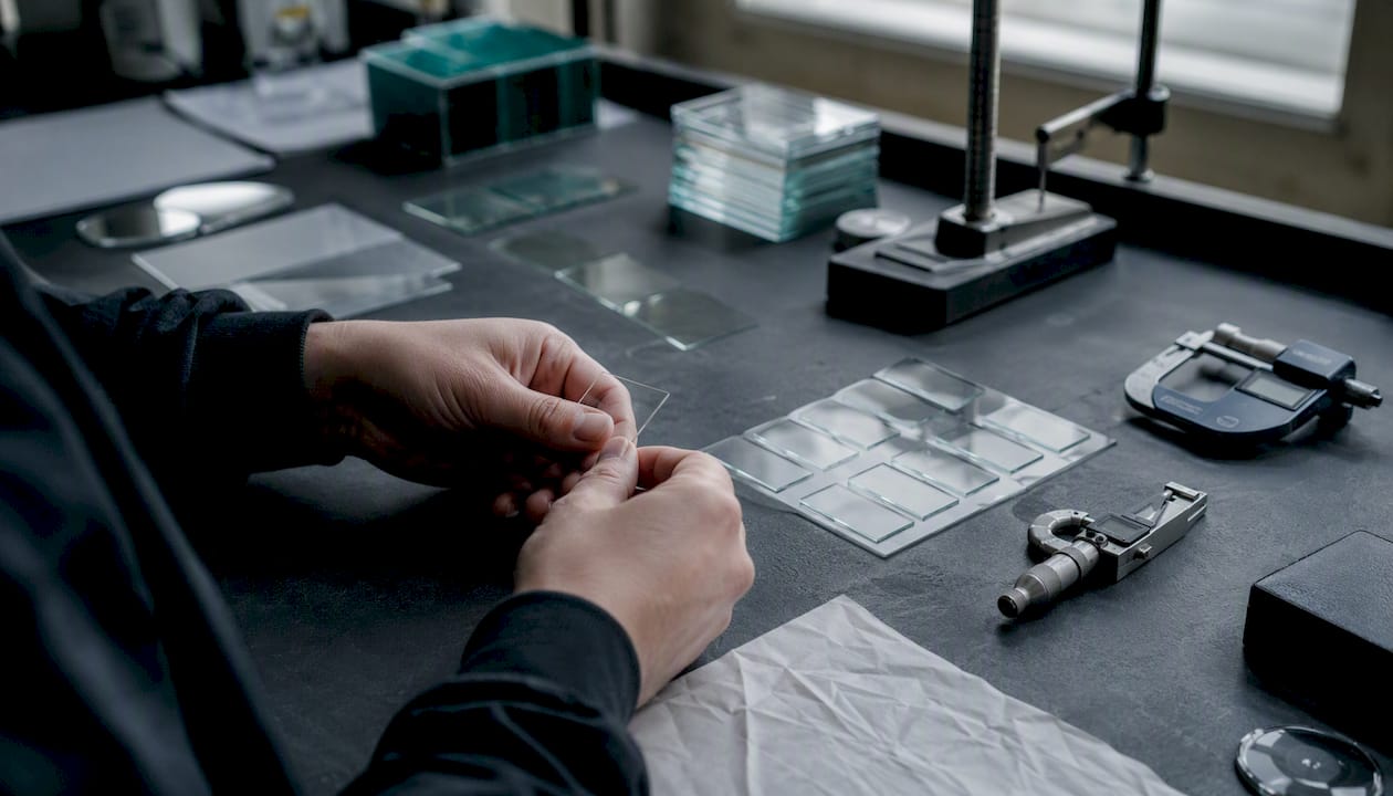 Technician inspecting glass cover slip sample