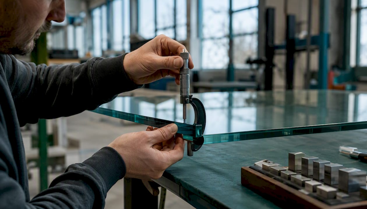 Hands measuring glass thickness with micrometer