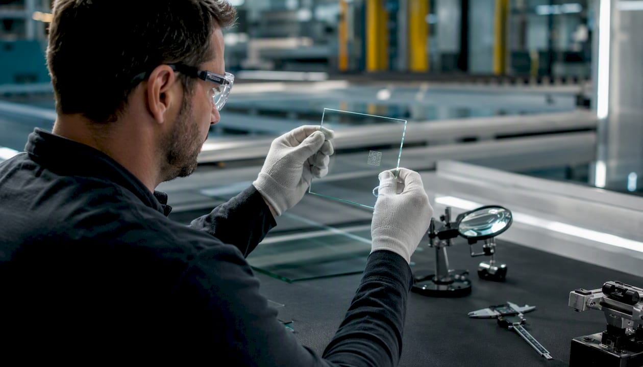 Technician inspecting laser-etched glass panel in factory