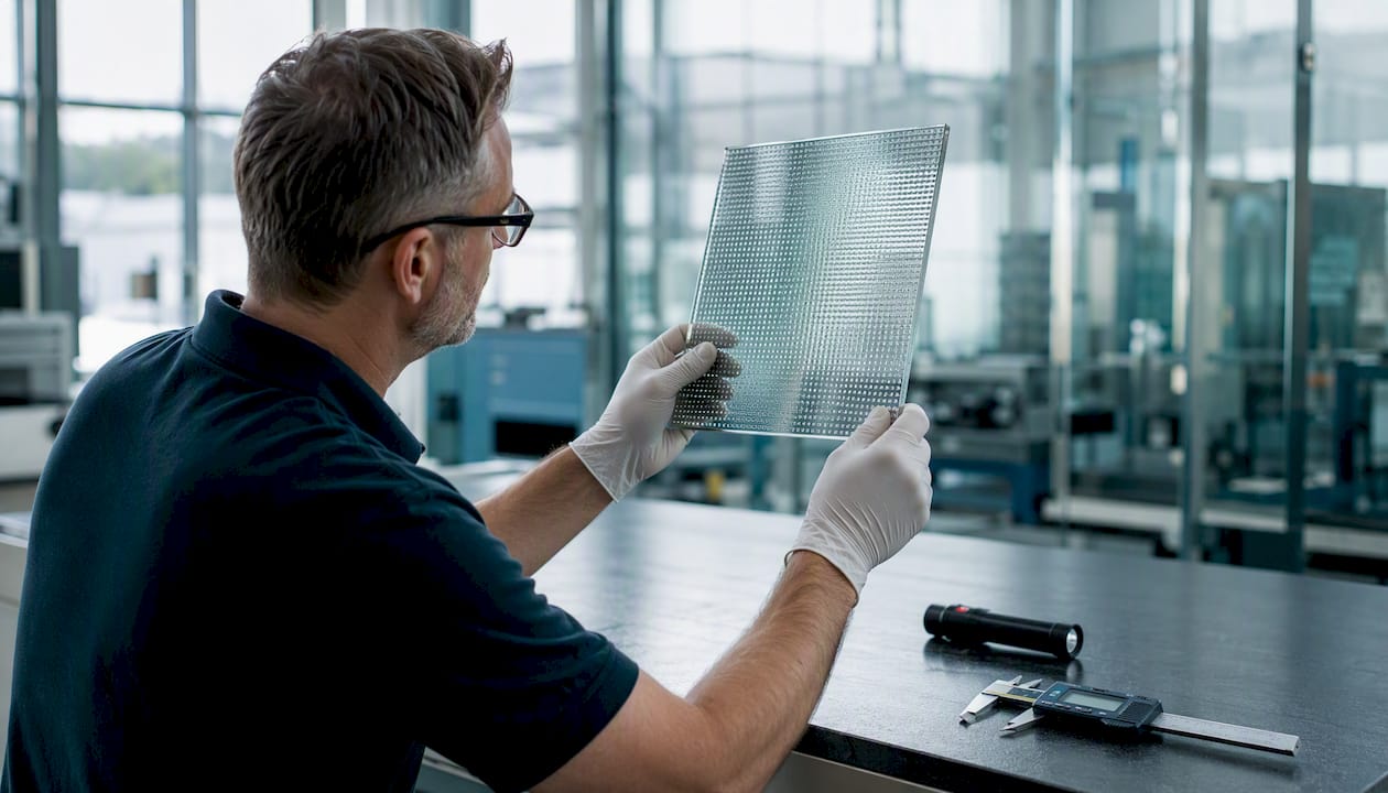 Technician inspecting precision glass material