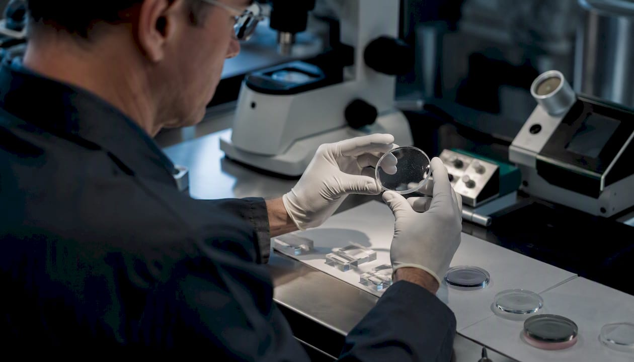 Technician inspecting optical glass samples