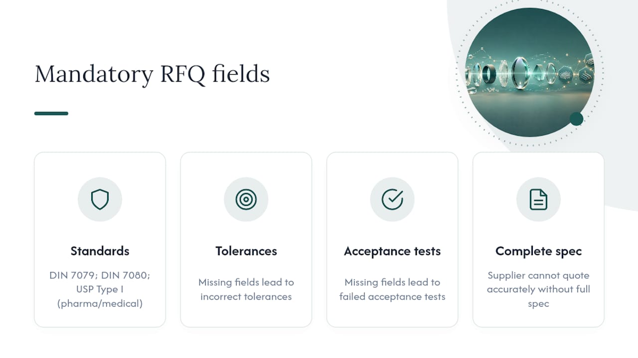Diagram of mandatory optical glass RFQ specification fields
