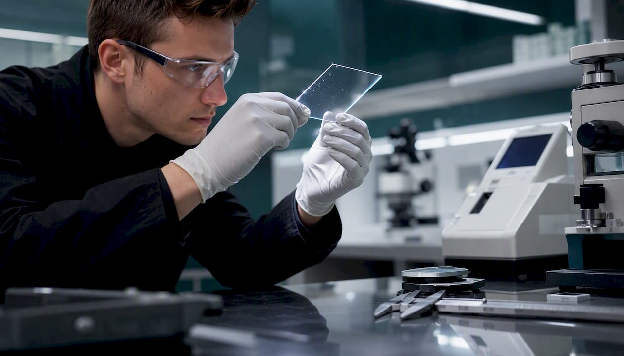 Technician inspecting glass slip in optical lab