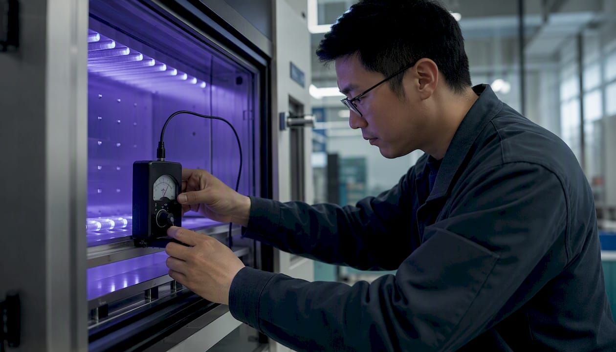 Engineer testing UV curing oven irradiance