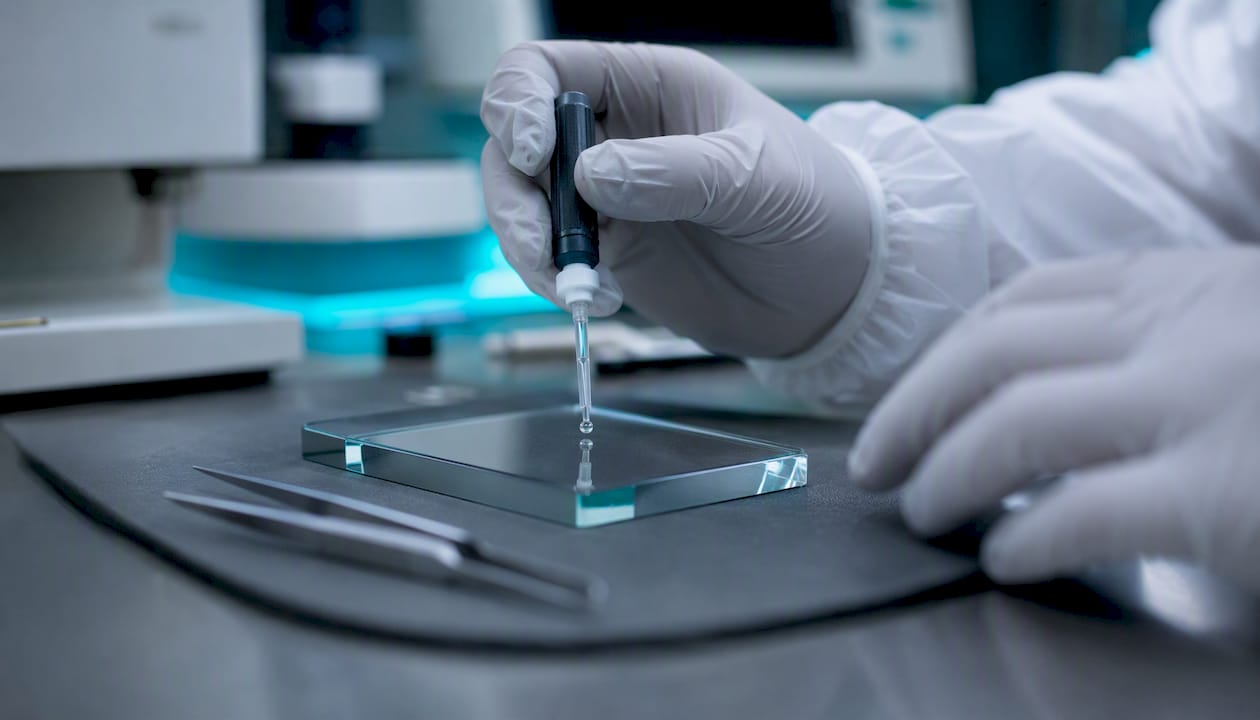 Close-up of manual adhesive application on glass piece