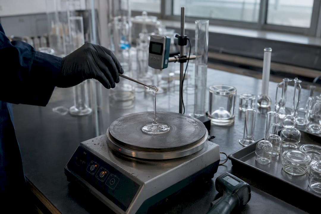 Technician measuring glass viscosity close-up
