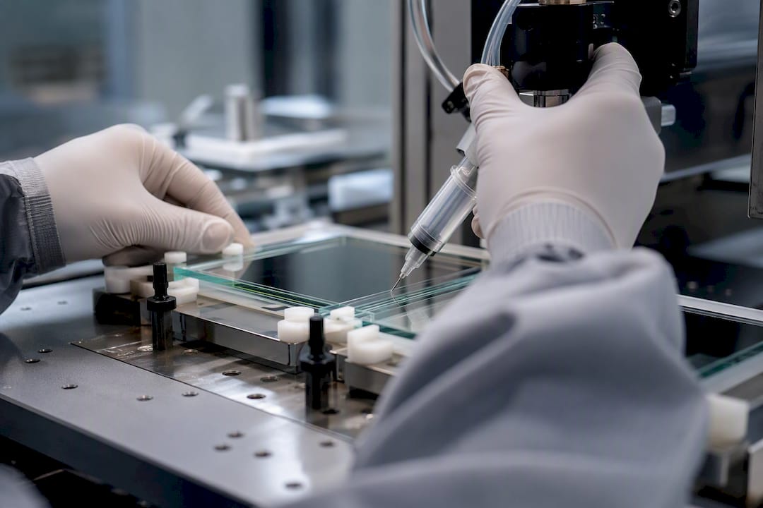 Technician bonding cover glass layers in cleanroom