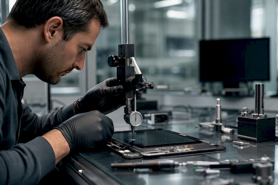 Technician measuring defense touch display components