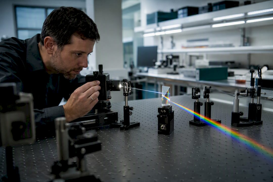 Technician adjusting light on glass prism in optics lab
