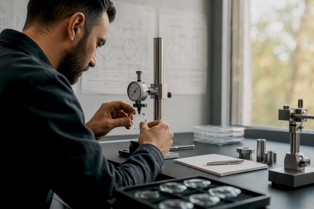 Technician measuring glass component for conformity
