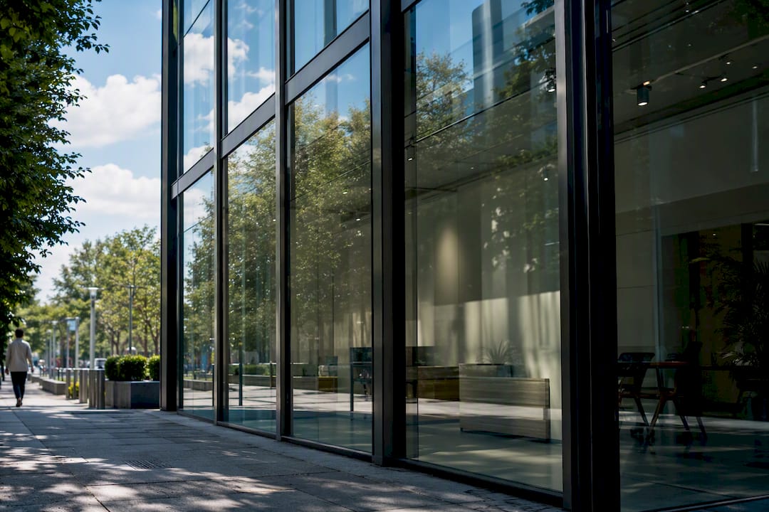 Architectural glass facade with natural daylight transmission