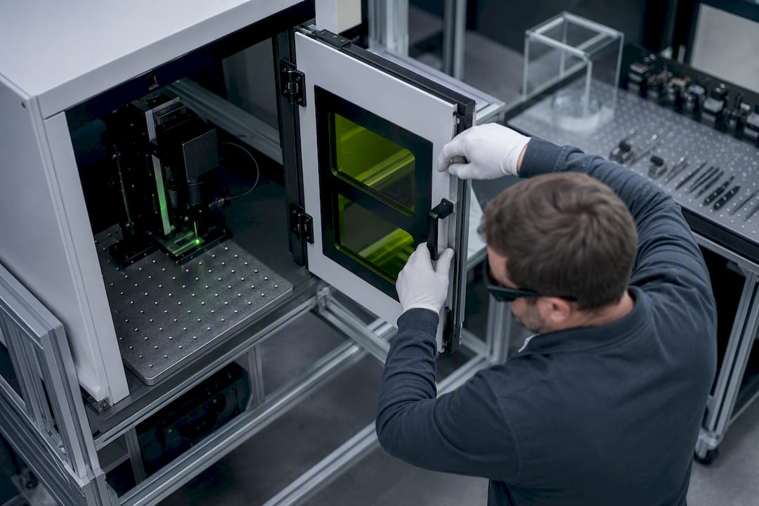 Technician securing laser safety enclosure