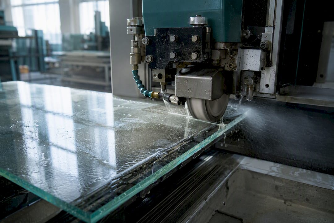 Close-up of grinding machine on glass edge