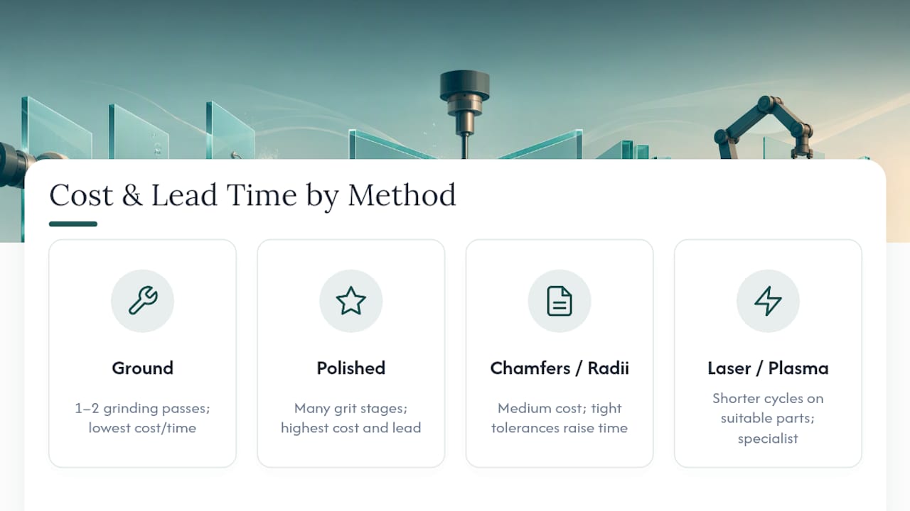 Chart comparing costs and lead times of glass edge finishing methods