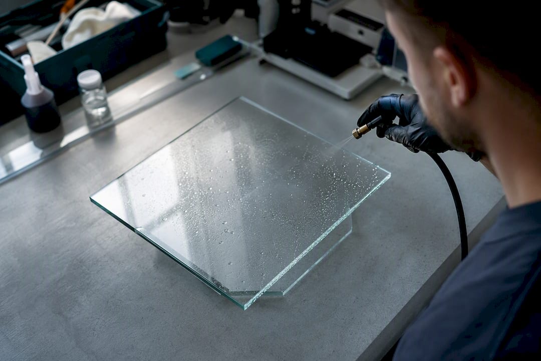 Technician spraying glass panel to test hydrophobic coating