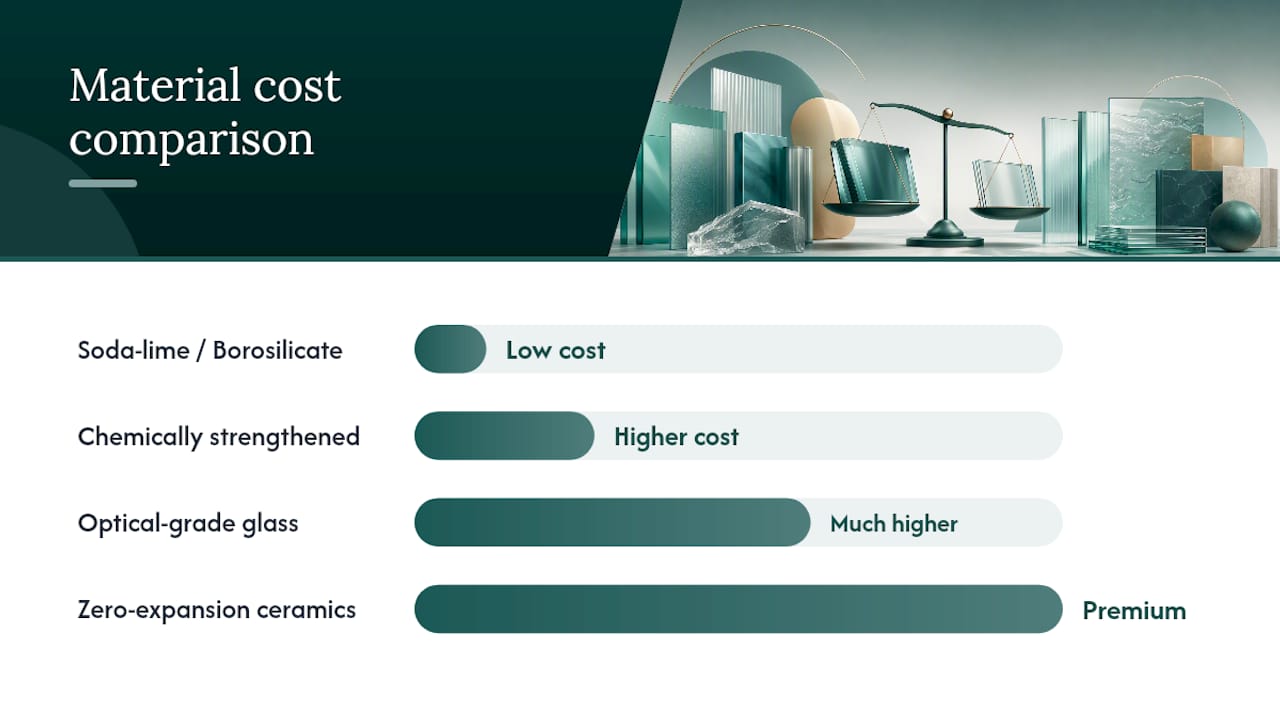 How do costs compare across custom glass material types? — overview diagram