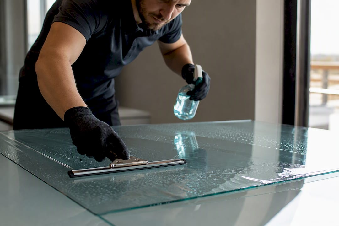Installer applying film to glass pane